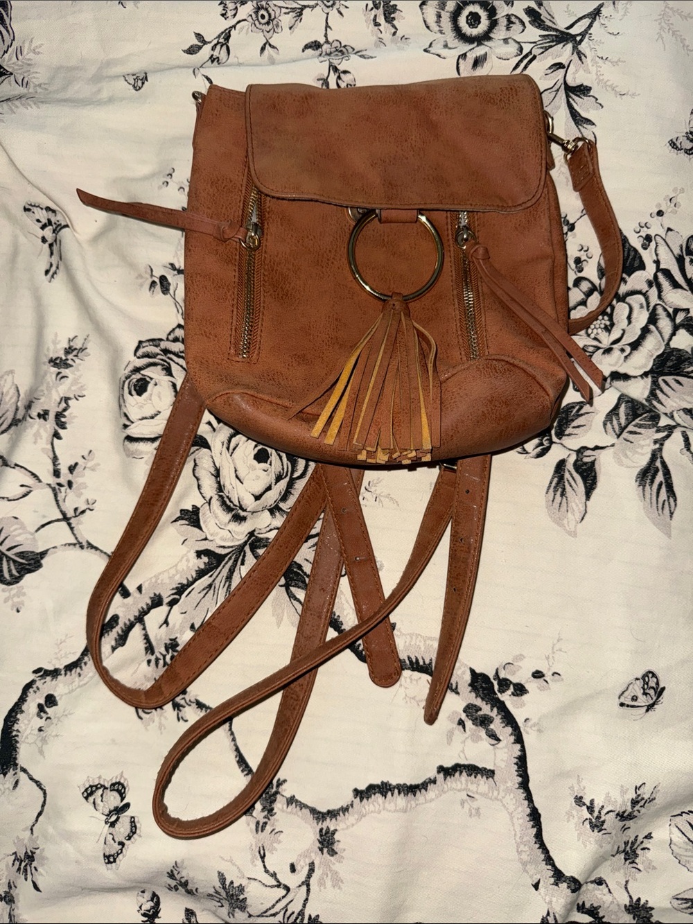 Brown Tassel Ring Backpack Crossbody Bag - Women